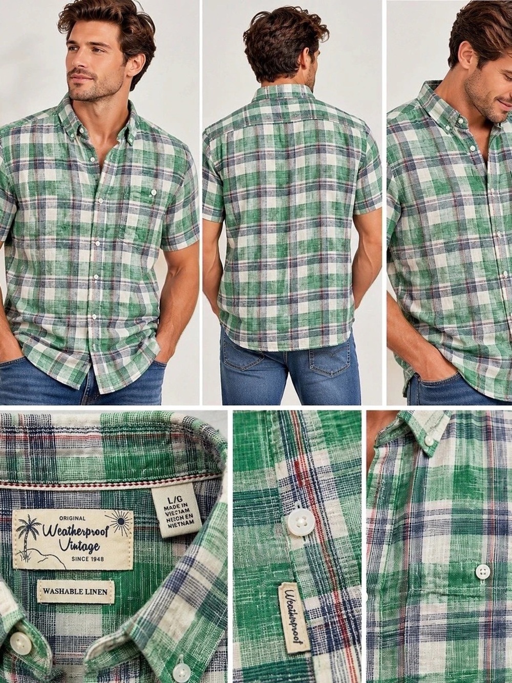 Weatherproof Vintage Men’s L Green Plaid Washable Linen Short Sleeve Shirt